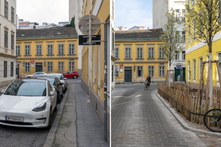 Bernardgasse nahe Zieglergasse in 1070 Wien, links Foto vor dem Umbau, rechts Foto nach dem Umbau
